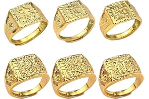 CYUaoao 6 Stk Herren Vergoldeter Ringe Set Hip Hop Ringe Verstellbar Siegelringe Rock Ring Reich Glück Reichtum Kanji Bandring Trauring Gold