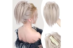 PORSMEER Claw Clip in Ponytail Hair Extensions,Messy Bun Chignon Hair Piece Natural Straight Extensions for Women Girls Tousled Updo Short Ponytail Bun silver Blonde10 inch