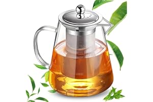 GOEDCH Teiera in vetro borosilicato da 1300 ml, teiera in vetro con filtro rimovibile e coperchio in acciaio inox, robusta teiera resistente al calore per campeggio, viaggi, tè alle erbe, tè alla