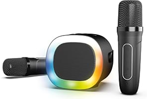 BUOSHA R-MUSIC – KARADUO – Pack karaoké Complet – 2 Microphones Karaoké sans Fil + Enceinte Portable RGB sans Fil – Bluetooth 5.0, Port AUX et Port Micro SD – 5 Effets déformation de Voix + 3 Modes karaoké