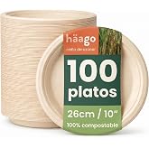 HAAGO 100 Compostable Sugarcane Plates, 26 cm / 10 Inches - Strong, Anti-Grease and Leak Proof Paper Plates - Biodegradable &amp;