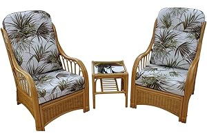 GARDEN MARKET PLACE GardenMarketPlace Sorrento Cane Conservatory Furniture Duo Set- 2 Chairs and a Side Table- Palm Design Fabric
