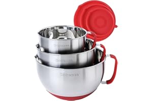 Ensemble de bols à mélanger avec couvercles Rorence : bols à mélanger en acier inoxydable avec poignées, fond antidérapant et bec verseur - Rouge