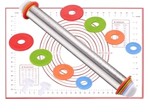 KATELUO Rouleau à Pâtisserie en Acier Inoxydable,Professionelle Rouleau a Patisserie Ajustable avec 4 Disques Réglables & Tapis de Cuisson en Silicone pour Fondant