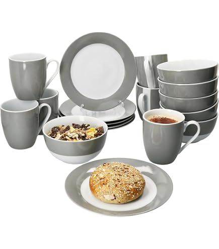 MamboCat Geschirrset Variant Grau – 12-teilig Für 6 Personen, Porzellan Mit Grauem Rand