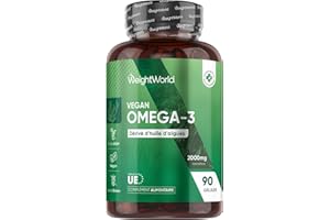 WEIGHTWORLD Omega 3 Vegan Huile d'Algues en Gelules 2000mg Omega 3 Dha Epa 90 Gélules Molles Alternatives Vegan à l'Huile de Poisson (Fish Oil) et Huile de Krill sans OGM sans Gluten sans Lactose