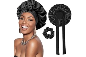 BUKYCAT Gorro Saten Pelo Rizado Ajustable, Gorros de Satén para Pelo Rizado, Gorro de Seda para Dormir con Banda Ancha Elástica, Negro