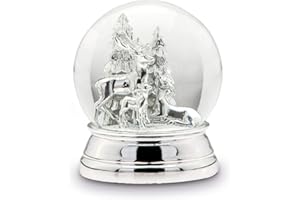 H.BAUER JUN. Große versilberte Glas Schnee-Kugel mit Rentier & Tannenbäume Ø 10 cm - Chrismas Deko Schüttelkugel für Winter & Weihnachten