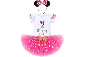 IBTOM CASTLE 1er/2e/3e Anniversaire Fille à manches courtes Barboteuse/T-shirt+Jupe Tutu en Tulle à Pois+Bandeau Minnie Mouse Vêtements Anniversaire Tenue de Soirée Cérémonie Robe Photographie