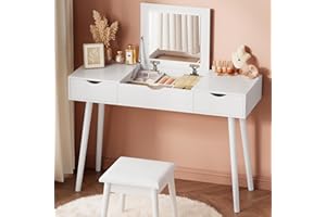 EUGAD Juego Mesa de Tocador con Taburete con Bisagras Tocador Moderno Escritorio para Computadora con Espejo Plegable Mesa de Maquillaje con 2 Cajones Madera 100x40x75cm Blanco 0014SZT