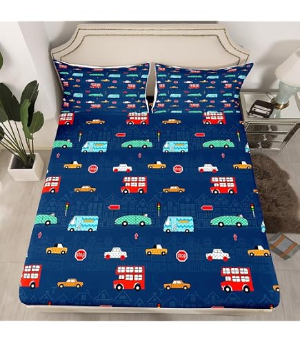 Drap Housse Enfant 90x190cm Voitures - Parure Lit Bébé Garçon - Microfibre Douce