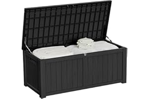 Vidacharmy - Outdoor Garden Storage Box 450L / 119 Gallon, Colour Black and Wood Effect, Water-Resistant Plastic Outdoor Locker with Lockable Lid for Furniture Cushions, Logs, Tools