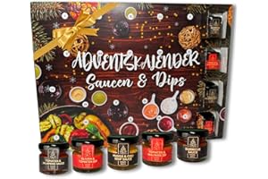 ‎HE-JU He-Ju Saucen Adventskalender 2025, 24 Saucen & Dips in 30ml Gläschen, BBQ über Dattel Senf Sauce u.v.m, Geschenk für Männer, Foodies & Grillfans, Handgemacht in Deutschland