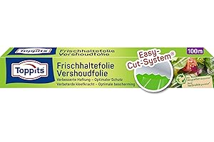 ‎TOPPITS Toppits Frischhaltefolie 1x 100m - Selbsthaftende 3-Schicht Spezialfolie, Ergonomische Packung mit Abreiß-Säge, Transparent