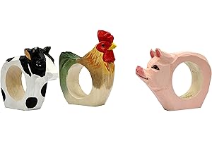 Kit de 3 Ronds de Serviettes Ferme : Vache, Poulet et Cochon en Bois taillés et coloriés à la Main, env. 9x7x2 cm