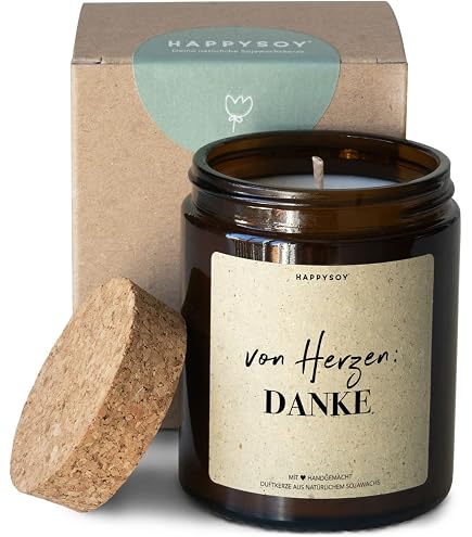 HAPPYSOY Duftkerze Im Glas - Sojawachs, Handmade, Mit Spruch 'Danke' - Nachhaltig, Langer Brenn (ca. 60 Std.), Duft 'Miaflora'