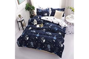 ‎OMELA Omela Bettwäsche Kinder 140x200 Jungen Planeten Sterne Weltraum Universum Blau Weiß Wendemotiv Bettbezug 2 Teilig Kinderbettwäsche Set mit Kissenbezug 70x90 cm Reißverschluss