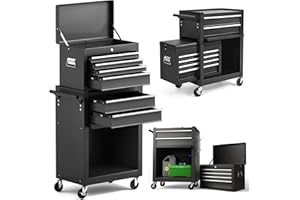 HOMFME Roller Tool Cabinet, 2 in 1 Tool Storage Chest with Removable Top Cabinet, Lockable Wheels, Handle, 2 Keys, 4 Hooks and 6 Drawers, Lockable Tool Trolley Cart for Workshop Garage (Black)