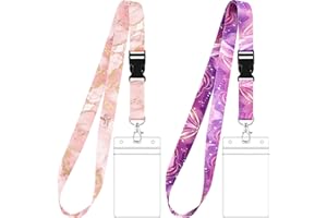 Zonon 2 Set Lanyard with Card Holder, Neck Strap Flowers Lanyard and Waterproof Transparent Badge Holder for ID Card, Office School Supplies(Marble)