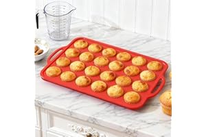 Foepoge Silicone Mini Muffin Tray 24 Cup with Metal Frame, Non Stick Silicone Mini Cupcake Tray with Handle, Muffin Moulds for Baking, Yorkshire Pudding Tray, Cupcake Tin, Red