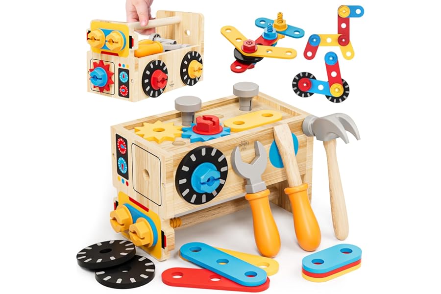 Lehoo Castle Wooden Kids Tool Set - Montessori Educational Toys for Kids Age 2+, Pretend Play Tool Box Bench Construction Toys, Learning Toy Gift for Toddler Boys Girls