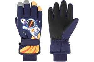 QKURT Rękawice narciarskie dla dzieci, ciepłe zimowe rękawiczki śniegowe dla dzieci, wodoodporne, grube rękawice dziecięce z wzorem astronauty, dla chłopców i dziewczynek