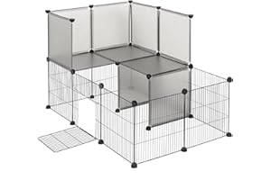 EUGAD Enclos Lapin avec Porte 2 Niveaux, Enclos Lapin Intérieur, Modulable et Extensible Enclo pour Petits Animaux, Enclos d'exercice pour Lapins 20 Panneaux de 35x35cm, 107x72x72cm Gris