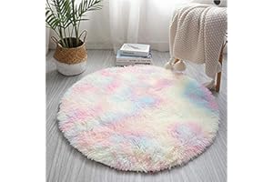 FBARTL Round Fluffy Rainbow Area Rugs for Girls Room, Modern Fluffy Colorful Rugs Cute Floor Carpets, Shaggy Circel Playing Mat for Kids Baby Girls Bedroom Nursery Home Decor（120cm*120cm）