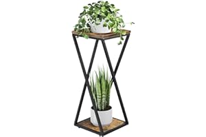 Bamworld Blumenständer Metall mit Holz Ablagen, 2 Ebenen Pflanzenständer im Industrie-Design, Blumenhocker für Wohnzimmer Balkon Garten Dekoration