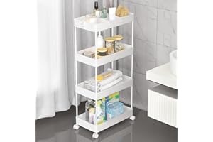 ‎SPACEKEEPER SPACEKEEPER Rollwagen mit 4 Ebenen, Nichenregal auf Rollen für Wäsche, Badezimmer mit 6 Haken und 2 Behälter, Weiß