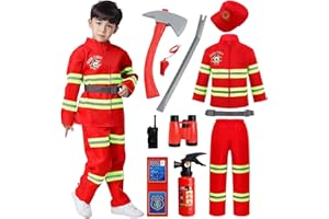 Suffolly Deguisement Pompier Enfant, Costume de Pompier Deguisement Carnaval Enfant avec Veste Ceinture Chapeau Pompiers Cosplay Accessoires pour Carnaval Halloween Enfants Garçons Filles