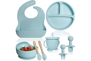 Bluet B Baby - Vajilla Bebe Silicona - Plato Bebe Ventosa - Vajilla Infantil Antideslizante sin BPA - Set Silicona Platos Bebe - Cubiertos Bebe BLW - 8 piezas - Azul