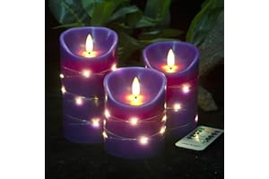 DANIP Lila LED-Kerze Eingebaute Sternkette 3 Kerzen mit 11-Tasten-Fernbedienung 24-Stunden-Timer Tanzende Flamme Echtwachs batteriebetrieben.