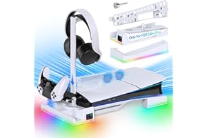 AUARTE Soporte horizontal RGB para consola PS5 Slim con 2 cargadores de controlador, ventilador de refrigeración silencioso automático para Playstation 5 Slim Disc/edición digital con 14 modos de luz y