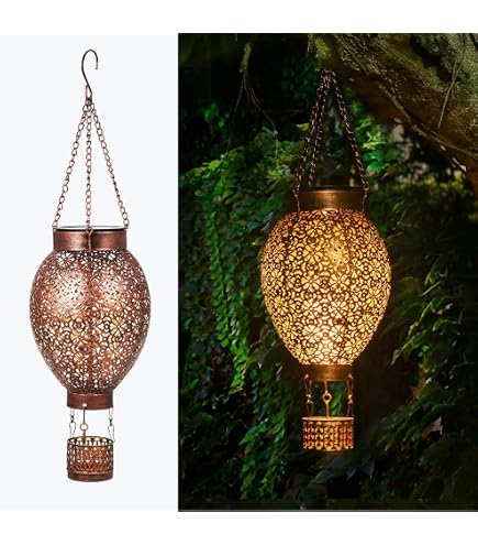 Montgolfière Solaire LED Avec Effet Flamme - Lanterne Jardin Suspendue 40,5cm - 20 Lumières Blanc Chaud