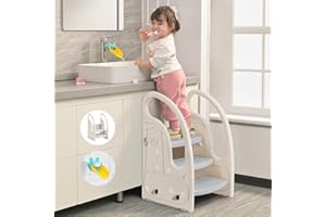 Onasti Step Stool for Kids, 3-Step Height Adjustable Toddler Step Stool, Kitchen Helper, Toilet Steps with Handles and Non-Slip Pads, for Counter, Bathroom & Sink (3 Steps-grey)