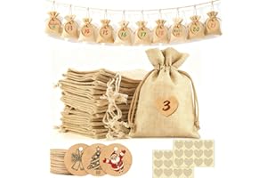 FINEVERNEK 24 Pz Calendario Avvento Sacchetti,Calendario avvento 2025 Fai Da Te da Riempire Sacchetti di Iuta, Calendario Avvento Natalizio Sacchi Regalo Juta con Coulisse&Adesivo di Carta Kraft Cuore
