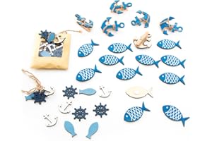Logbuch-Verlag kit de décoration de table (42 pièces) - lot de 12 poissons avec point adhésif + 24 pièces maritimes en bois + 6 pinces en forme d'ancre bleu