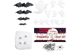 PopManko Halloween Spider Web Decorations, Halloween Cobwebs with Fake Spiders Halloween Bats Spooky Halloween Caution Tape Stretchable Spider Webs for Outdoor Indoor Halloween Party Decorations