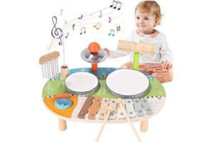 YULADO Schlagzeug Kinder, 6 In 1 Kinder Trommel Set, Musikspielzeug Musikinstrumente mit Xylophon, Holz Montessori Spielzeug für Jungen und Mädchen