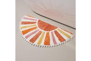 ORTIGIA Boho Sun Bath Mat Non-Slip Super Absorbent Bathroom Mats Semi Round Tufted Soft Microfiber Bath Rugs with Pom Pom Machine Washable Bath Rug for Bathroom Shower Bedroom 51x94 cm