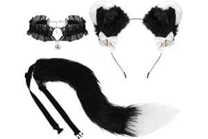 XEPST Set Coda e Orecchie, Kit con Orecchie e Coda da Gatto Nero di Volpe in Pelliccia Sintetica con Super Enorme Coda Soffice, Orecchie e Collare Campanelle per Accessori per Costumi Feste Halloween