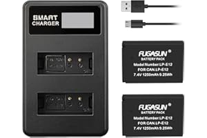 FUGASUN 2 pcs 1250 mAh LP-E12 LPE12 Batterie avec LCD Chargeur de Batterie pour EOS M10,EOS M50,EOS M50 Mark II,EOS M100,EOS M200,EOS M,EOS M2,Kiss M,Kiss M2