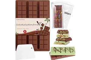 ZEPHYRHOME Moldes de chocolate de 6 cavidades, moldes de silicona para chocolate, antiadherentes y sin BPA, perfectos para barras de chocolate y dulces de bricolaje, incluye 1 espátula y bolsas de 100 unidades