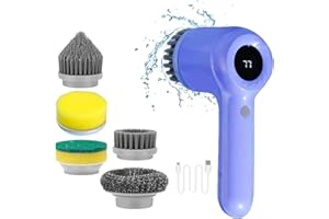 BESTYKS Elektryczna szczotka do czyszczenia, wielofunkcyjna, elektryczna szczotka do czyszczenia z wyświetlaczem LED i 5 głowicami do szorowania Spin Power do kuchni, łazienki, okna, samochodu (fioletowa)