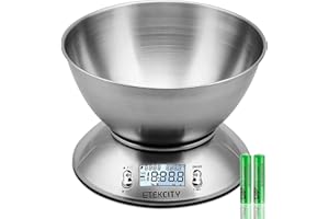 Etekcity Electronic Kitchen Scales with Stainless Steel Mixing Bowl, Timer and Temperature Sensor, Digital Wet and Dry Food Weighing Scale for Cooking and Baking-11lb/5kg