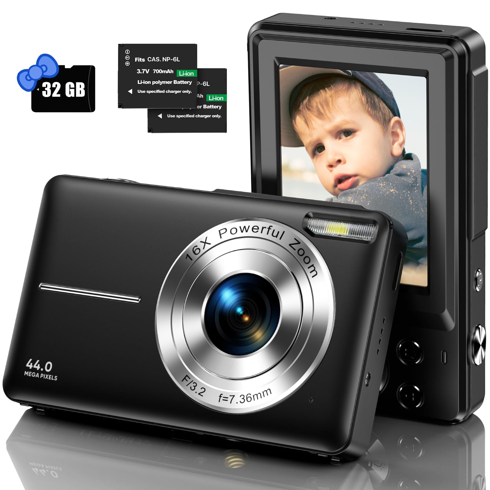 Iweukjlo Digital Camera, Kids Camera with 32Gb Card Fhd 1080P 44Mp Vlogging Camera with LCD Screen 16X Zoom Compact Portable Mini Rechargeable Camera Gifts for Students Teens Adults Girls Boys-Black