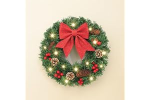 Christmas Wall Hanging Pendants, Christmas Front Door Wreath with Light, Artificial Up Christmas Wreaths Decoration, For Inside&outside Windows Farmhouse Wedding Decor (Bow,30cm)