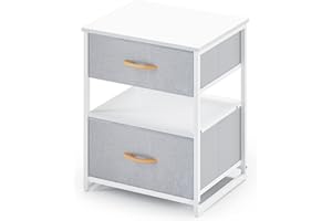 ‎WEEU Nachtschrank mit 2 Schubladen Nachtkommode mit Offenem Fach Nachttisch Groß Beistelltisch Sofatisch Klein Couchtisch Quadratisch für Schlafzimmer Wohnzimmer Stahl+Holz Weiß+Grau