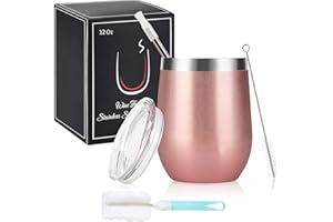 Joymaking 12oz Insulated Stainless Steel Wine Tumbler with Lid and Straw, Double Walled Wine Glass Tumbler Gift for Women, Great for Hot & Cold Drinks -Wine, Champagne, Coffee, Ice Cream(Rose Gold